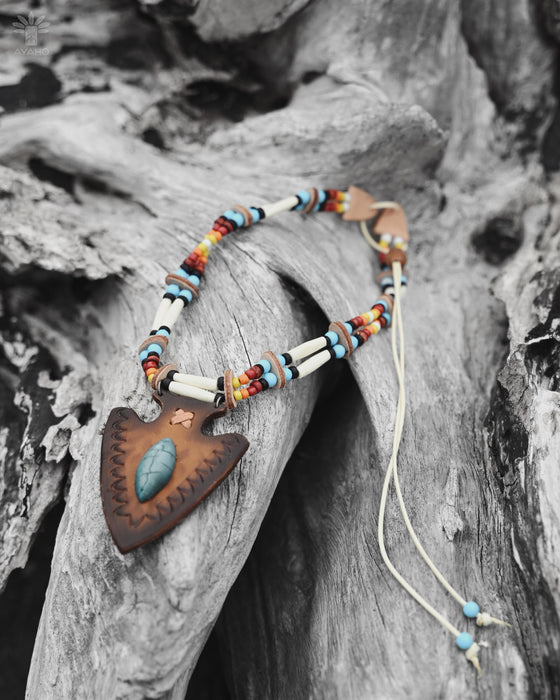 Festival Necklace | Boho Hippie Ethnic Jewelry | Adjustable Ceremony Accessory | Handmade Shamanic Jewelry Buffalo- Leather Shaman Amulet