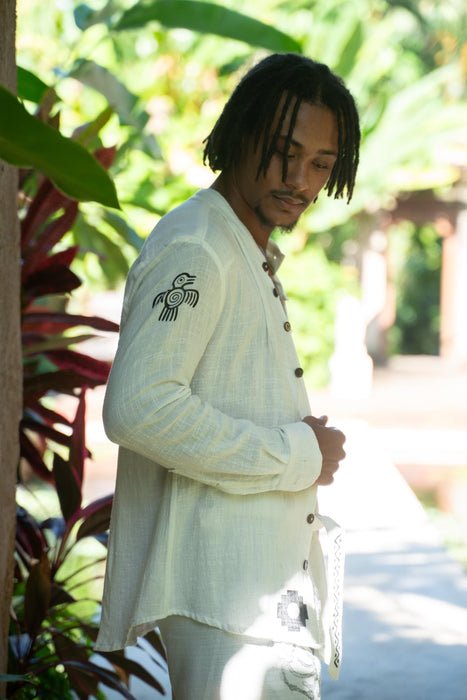 White Cotton Shaman Shirt – Unisex Spiritual Boho Top – Handmade Festival Clothing – Tribal Yoga Wear