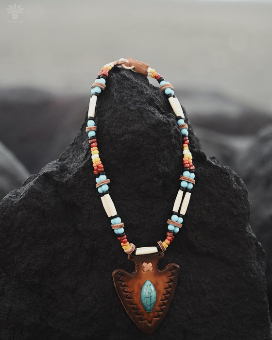 Festival Necklace | Boho Hippie Ethnic Jewelry | Adjustable Ceremony Accessory | Handmade Shamanic Jewelry Buffalo- Leather Shaman Amulet