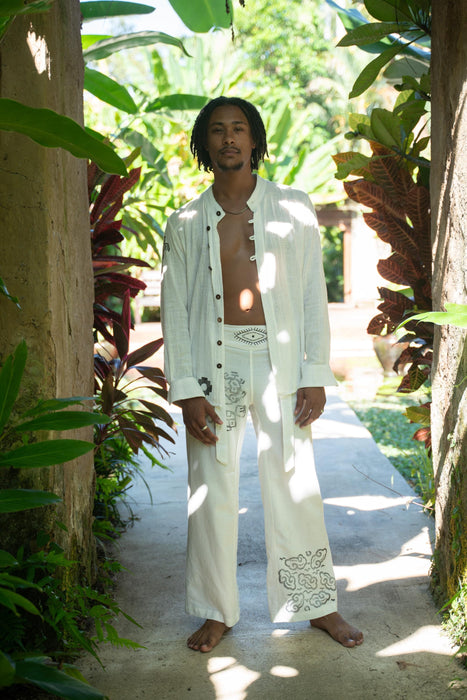 White Cotton Shaman Shirt – Unisex Spiritual Boho Top – Handmade Festival Clothing – Tribal Yoga Wear