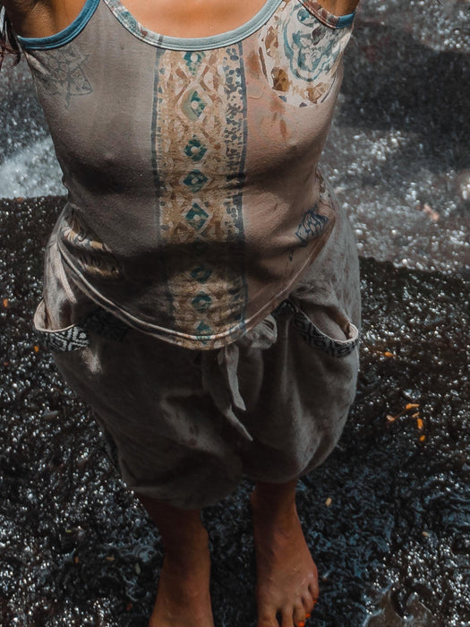 Eco-friendly boho T-shirt for women with artistic batik patterns, handmade from soft natural cotton