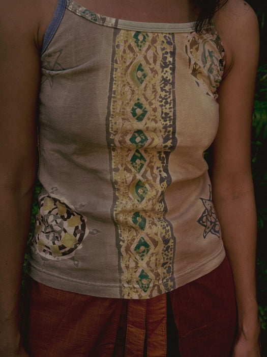 Sustainable handmade T-shirt in boho shamanic style, reflecting Ayaho’s slow fashion values