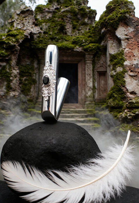 Ceremonial Pipe Silver Plated Bronze | Onyx Amethyst Gemstone | Sacred Herbal Applicator | Bali Tribal Art