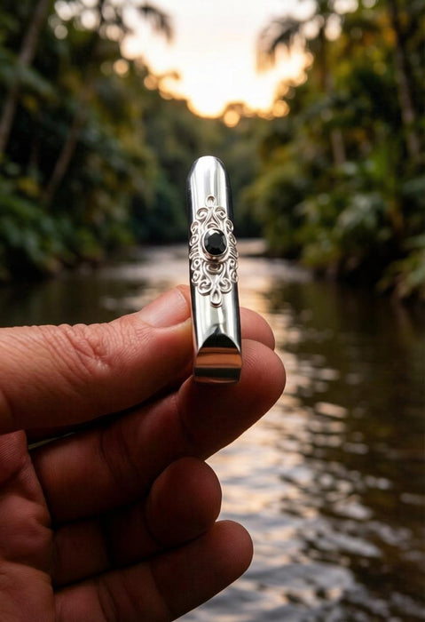 Ceremonial Pipe Silver Plated Bronze | Onyx Amethyst Gemstone | Sacred Herbal Applicator | Bali Tribal Art