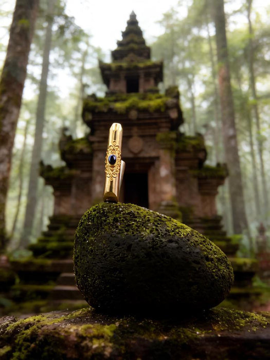 Ceremonial Pipe Gold Plated Bronze | Onyx Amethyst Gemstone | Sacred Herbal Applicator | Bali Tribal Art