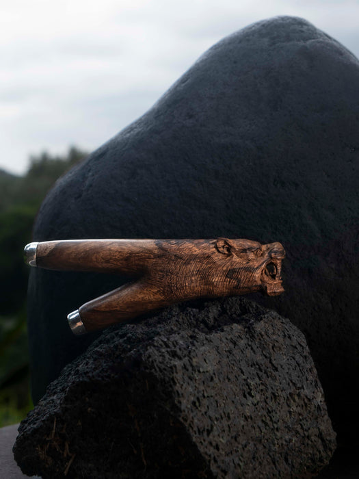 Handcrafted Mango Wood Kuripé with silver cup, Jaguar Man design, for rapé rituals