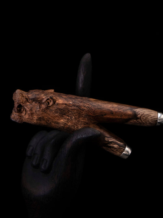 Hand-carved Jaguar Man Kuripé from Bali — sacred rapé applicator with silver detail