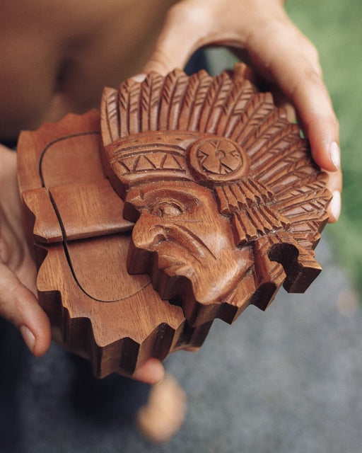 Exquisitely engraved teak wood shamanic box, featuring a lockable hidden compartment, ideal for safeguarding sacred tools and magical items