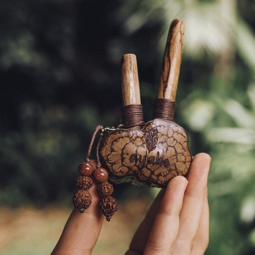 Sacred Ayahuasca vine kuripe pipe adorned with rudraksha and goldstone, a handcrafted symbol for hape snuff rituals, nestled in natural greenery.
