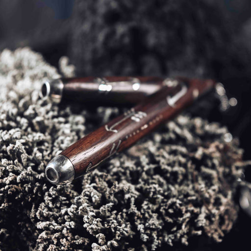 Wooden Intention kuripe pipe necklace with silver accents for hape snuff, a unique, handcrafted shamanic tool for herbal medicine rituals.
